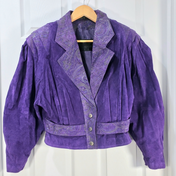 Vintage Jackets & Blazers - VTG Giorgio Ferrini Purple Suede 80s Cropped Jacket Paisley Boho Biker M - MINT